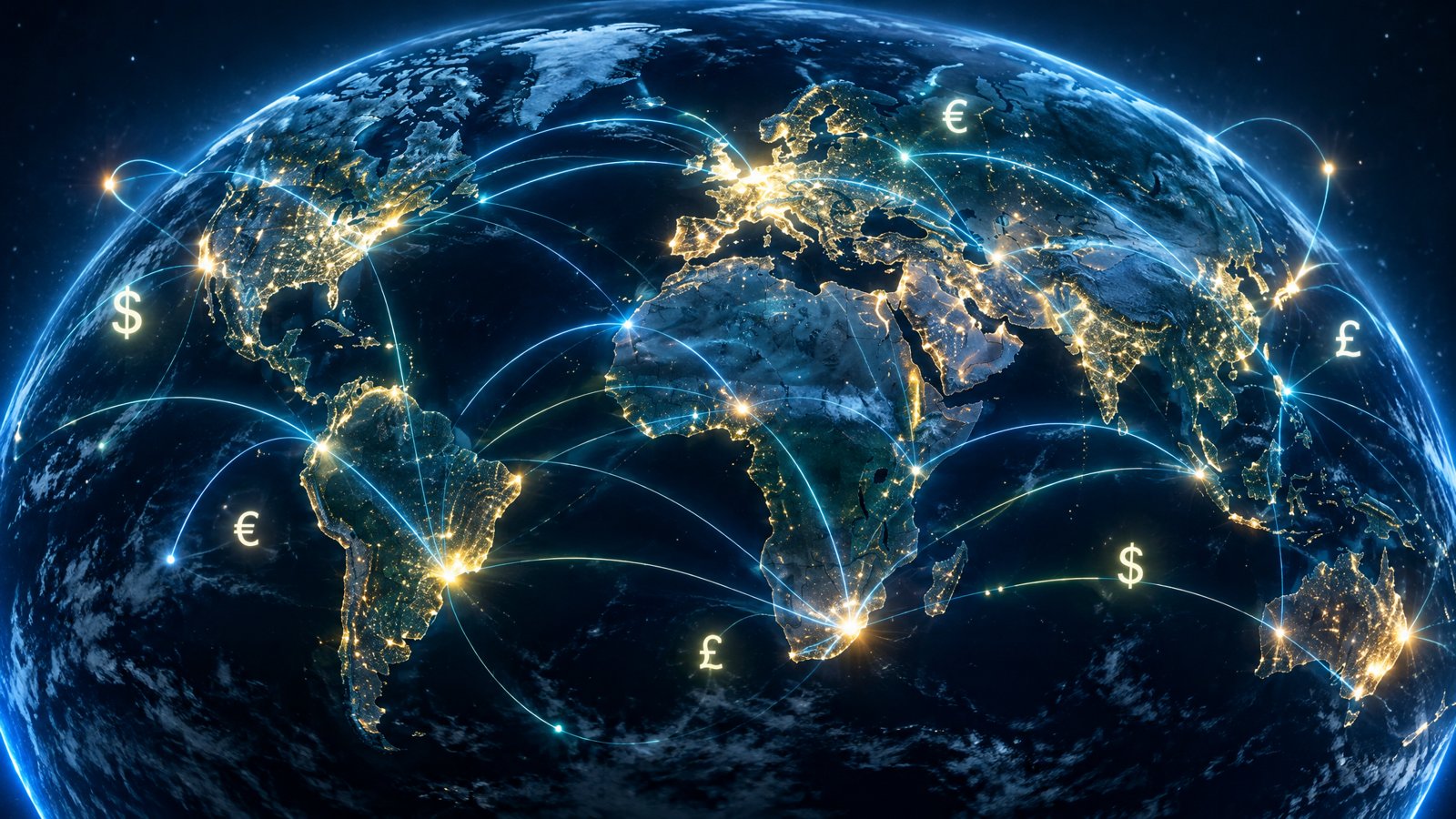 Glowing world map showing international money transfers between cities